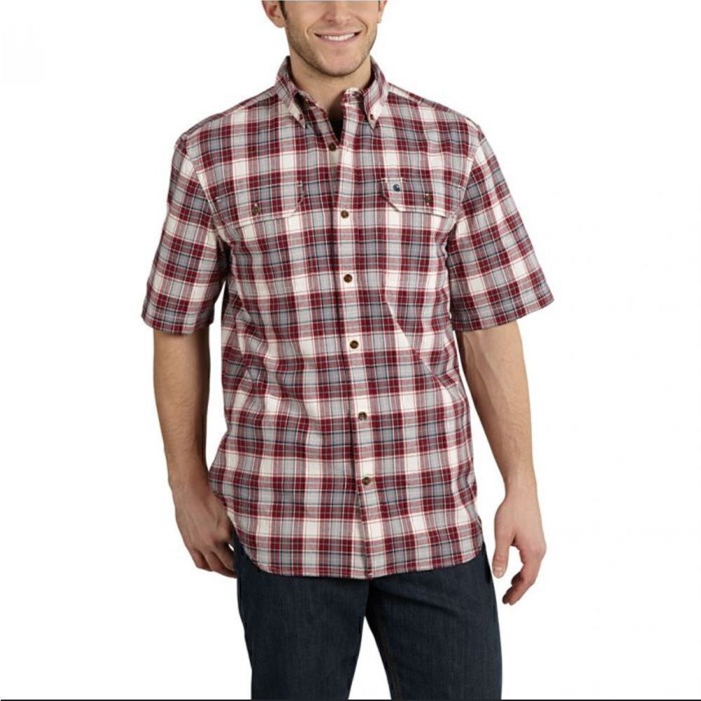 CARHARTT Fort Plaid Short Sleeve Shirt Button Up Relaxed Fit Red Men’ Size Large